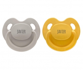 2 Personalised Soothers Retro Nordic Mustard