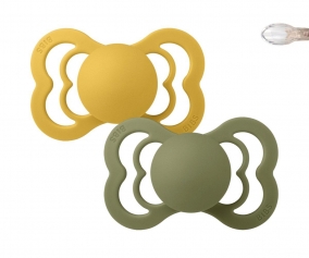 2 BIBS Supreme Soothers Honey Bee/Olive Silicone