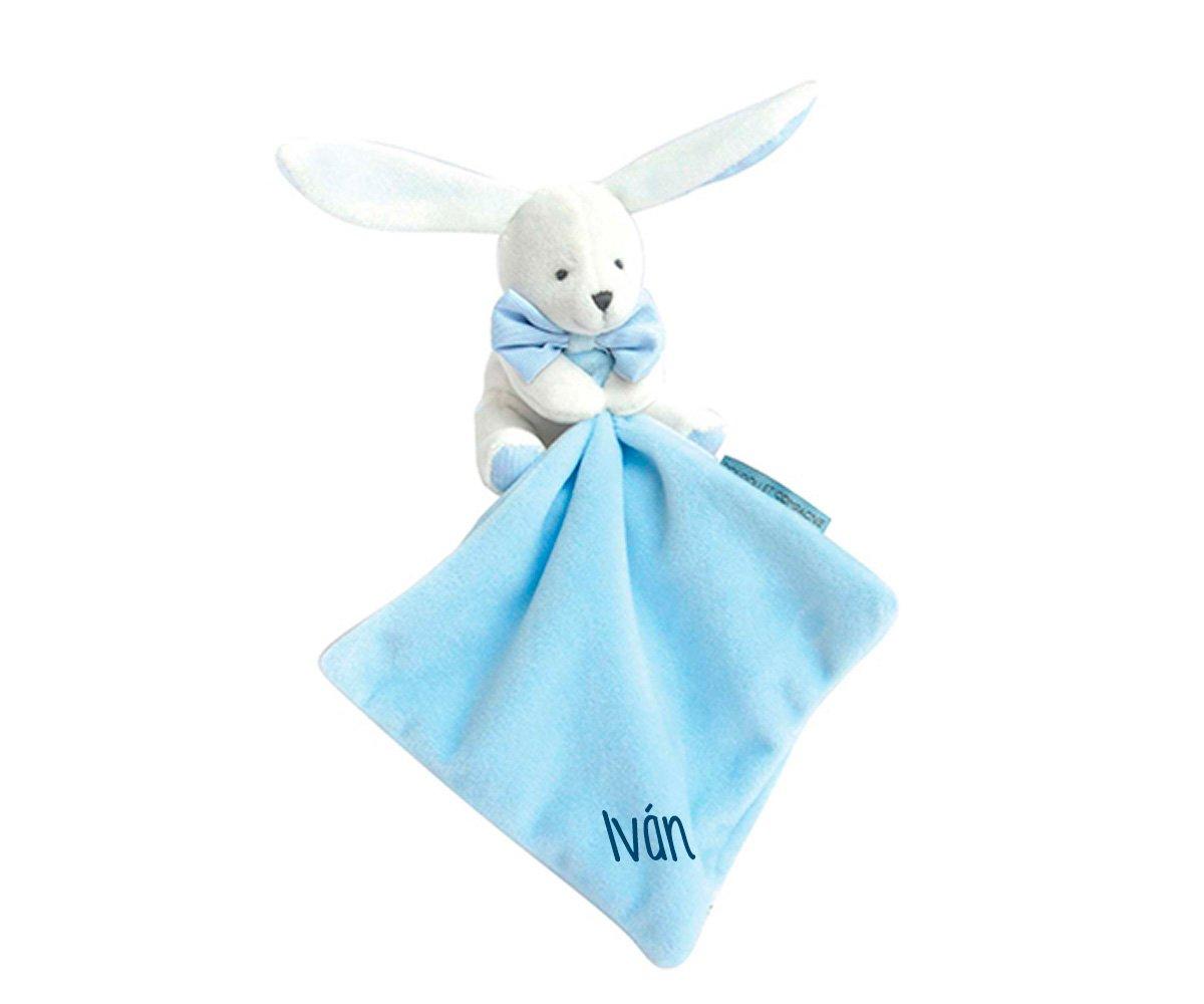 Doudou Conejito Azul Personalizable En Cajita Floral