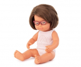 Poupe caucasienne trisomique avec des lunettes 38 cm