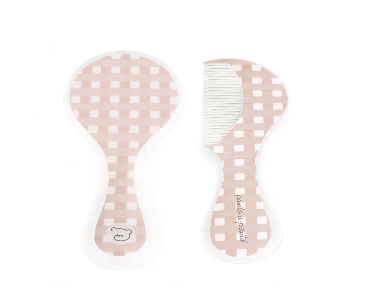 Set Peigne Et Brosse Pour Bébé Carreau Rose