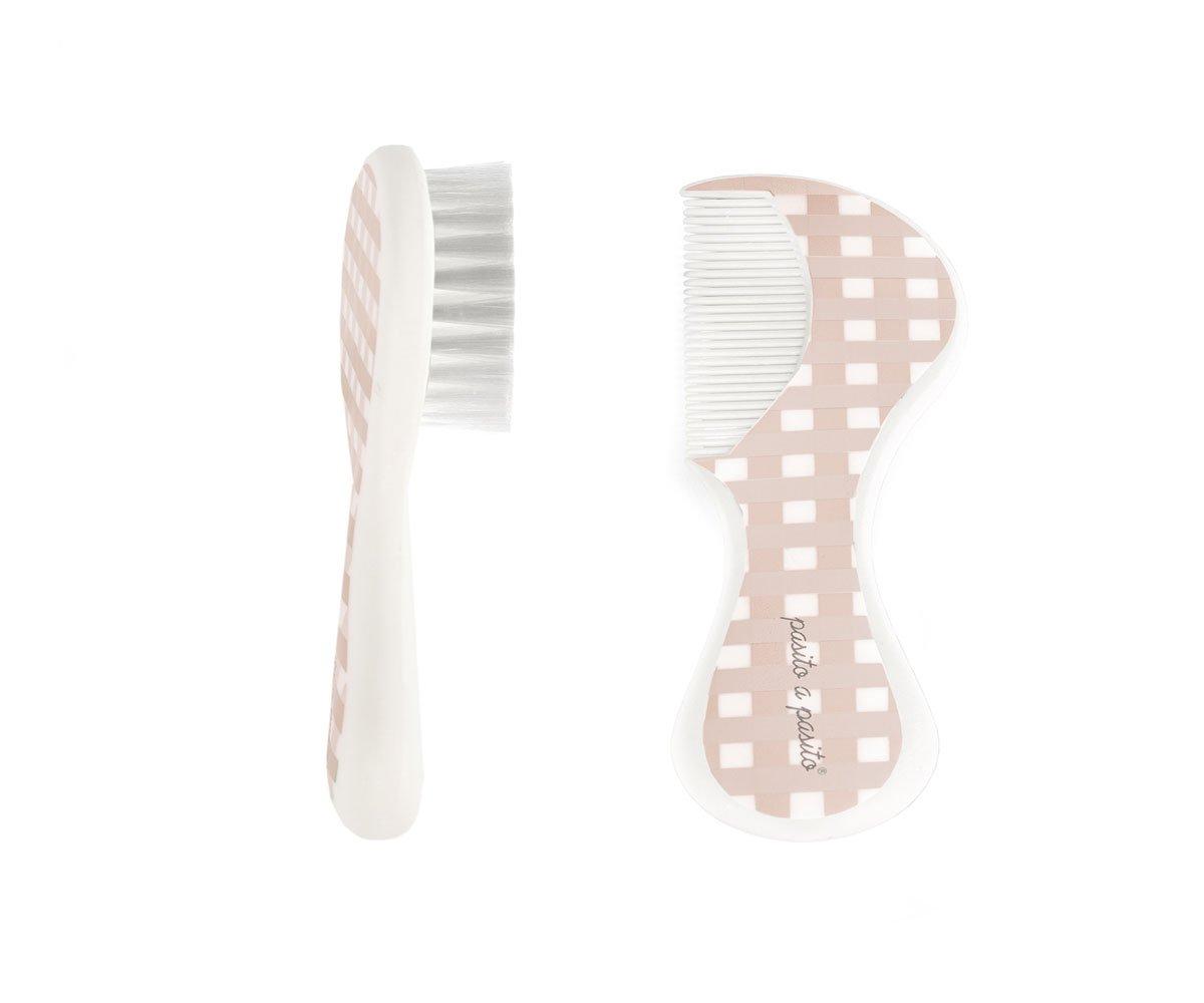 Set Peigne Et Brosse Pour Bébé Carreau Rose