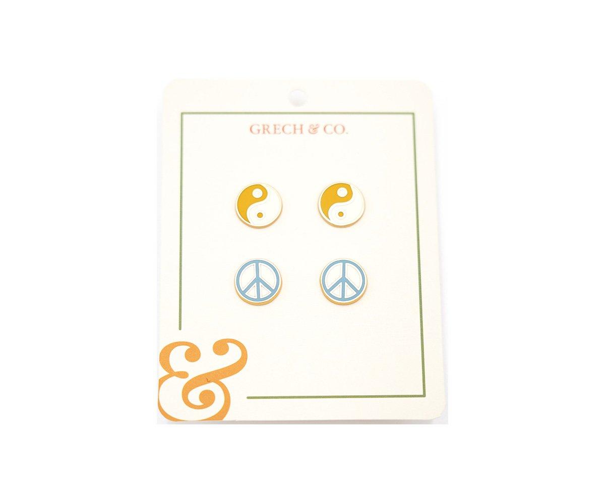 2 Coppie Orecchini Enamel Ying Yang+ Peace Sign