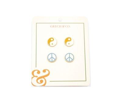2 paires de boucles d'oreilles pour enfants en mail Ying Yang+Peace Sign