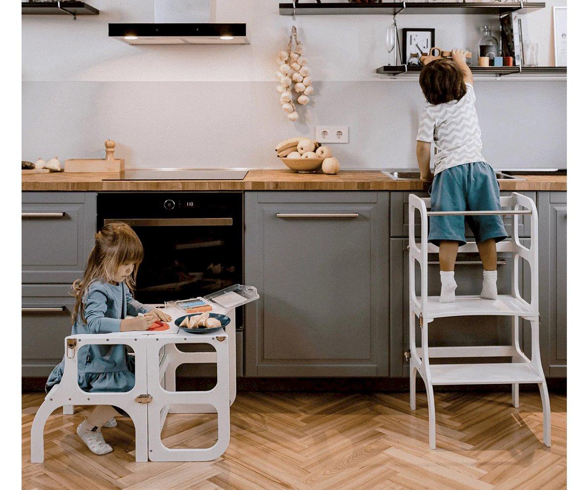 Torre Aprendizaje Montessori Mesa y Silla Blanco/Plateado - Tutete