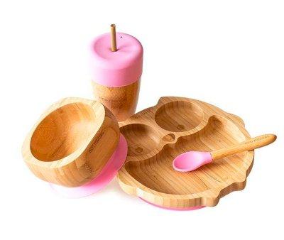 Set Stoviglie Ventosa Eco Bamb Gufo Rosa