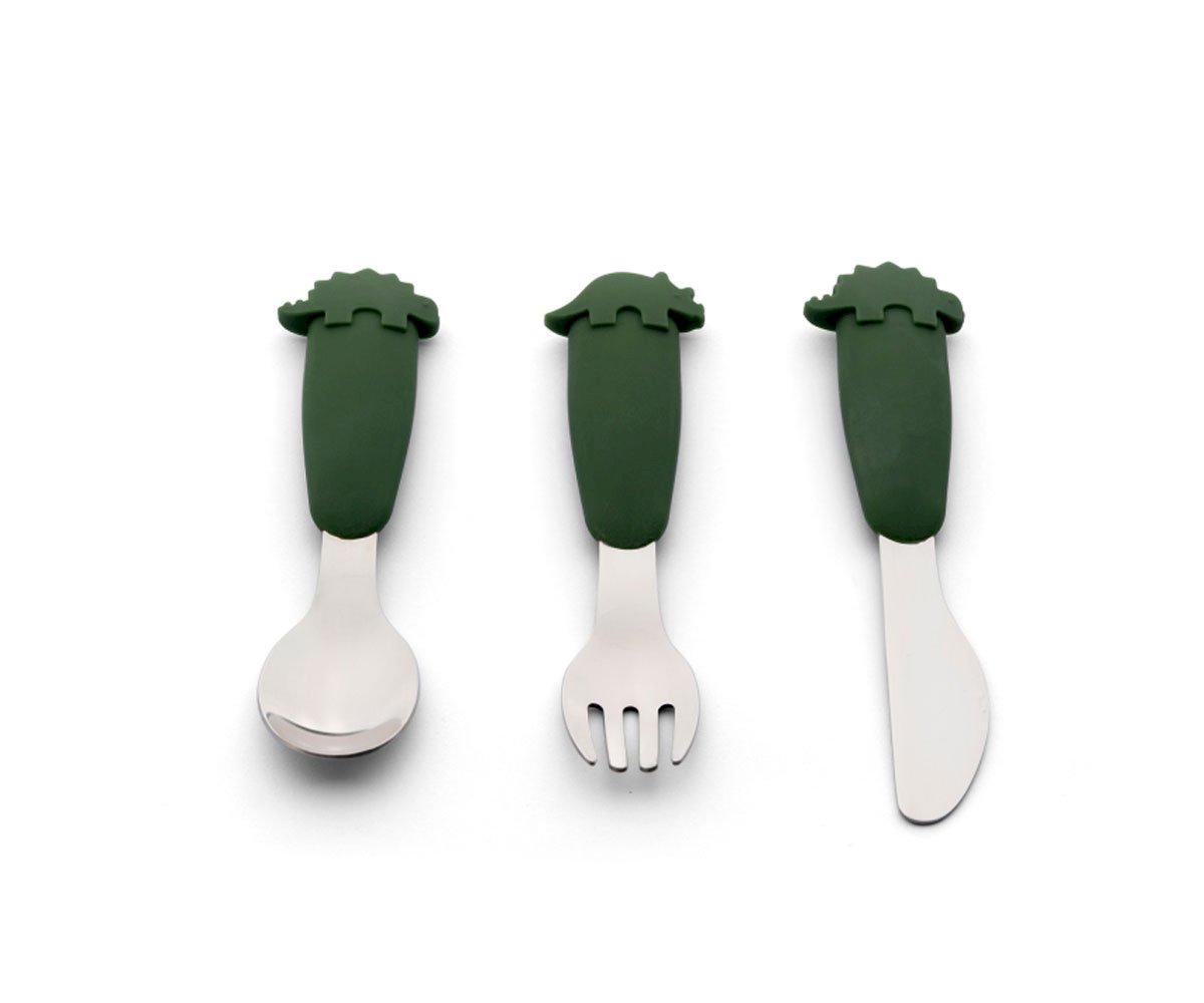 Couverts En Acier Et En Silicone Dino Green