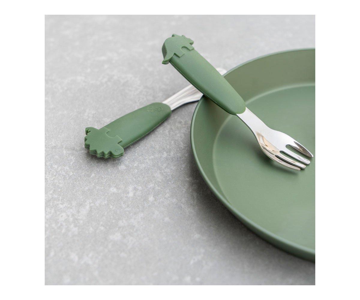 Couverts En Acier Et En Silicone Dino Green