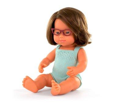 Mueca Sndrome Down Caucsica con Gafas y Pelele Turquesa 38 cm