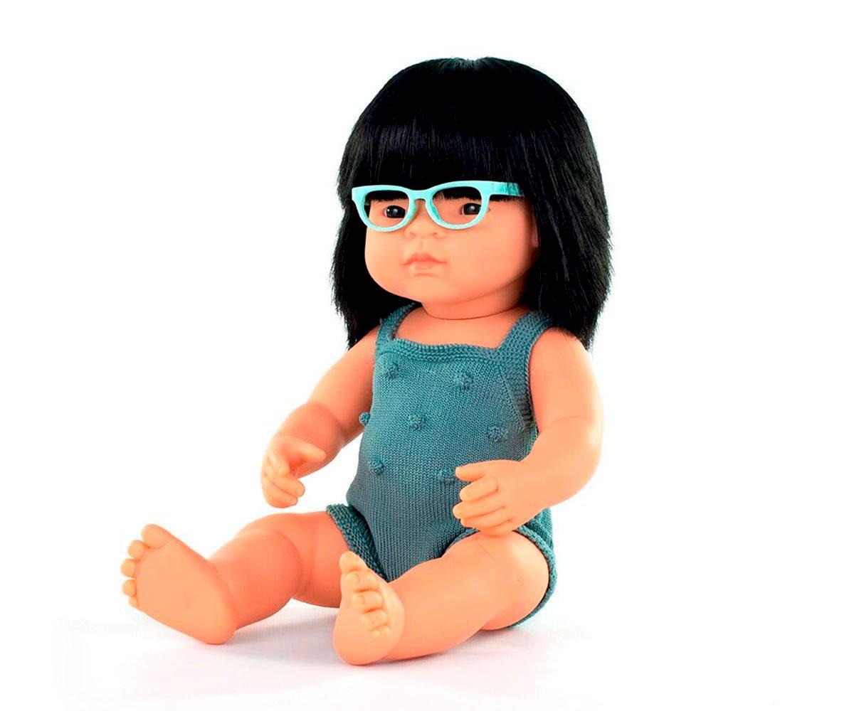 Muñeca Asiática Con Gafas Y Pelele Plomo 38 Cm