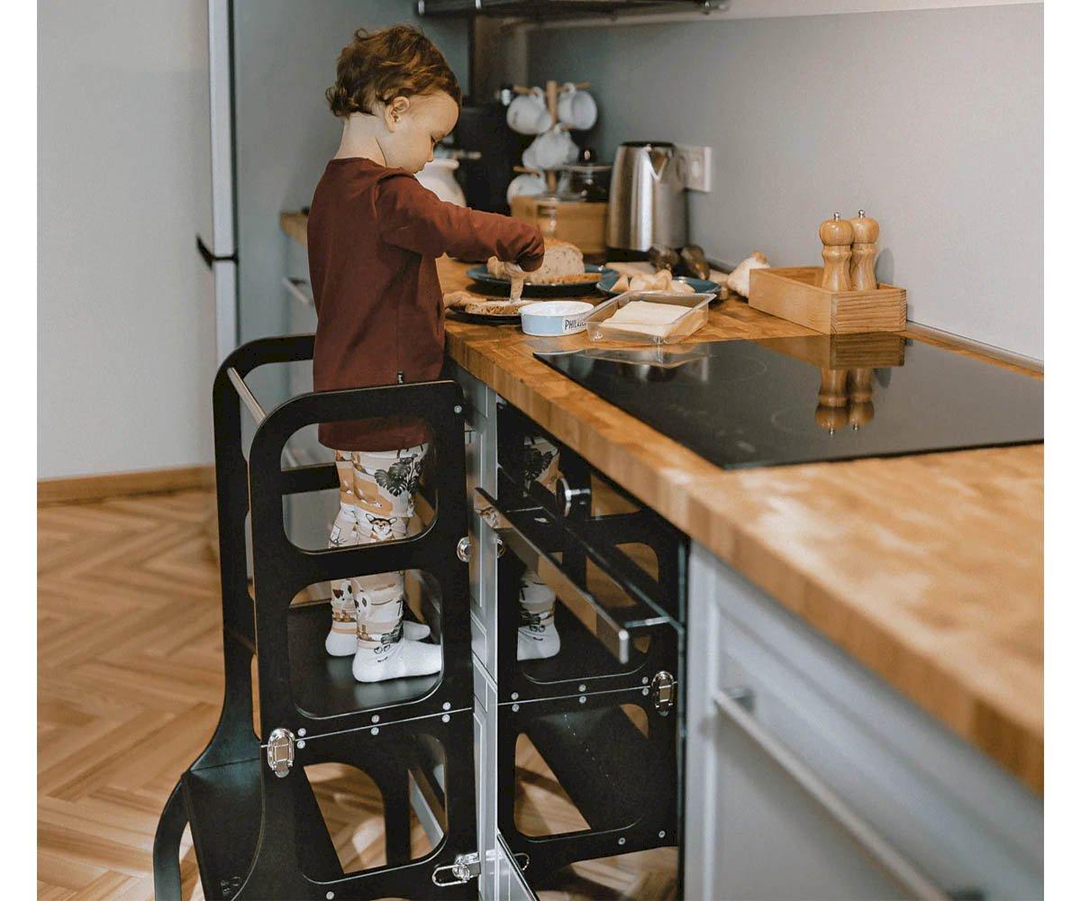 Mesa E Cadeira Montessori Learning Tower Preta/prata