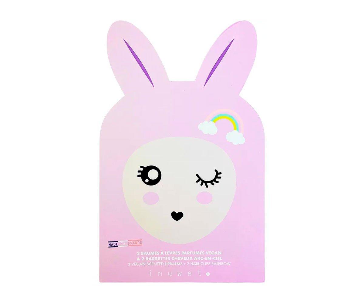 Caixinha Deluxe Bunny 3 Bálsamos Labiais E 2 Pinças De Cabelo Rainbow