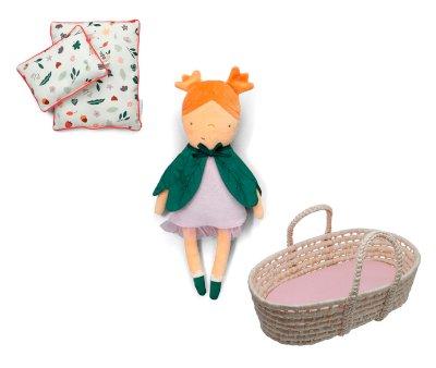 Pack de boneca Flora Doll + Basket Sunset Pink + Roupa de cama multicolorida de linho