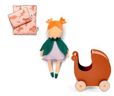 Pack de boneca Flora, carrinho de beb mbar escuro + roupa de cama Dreamy Rose