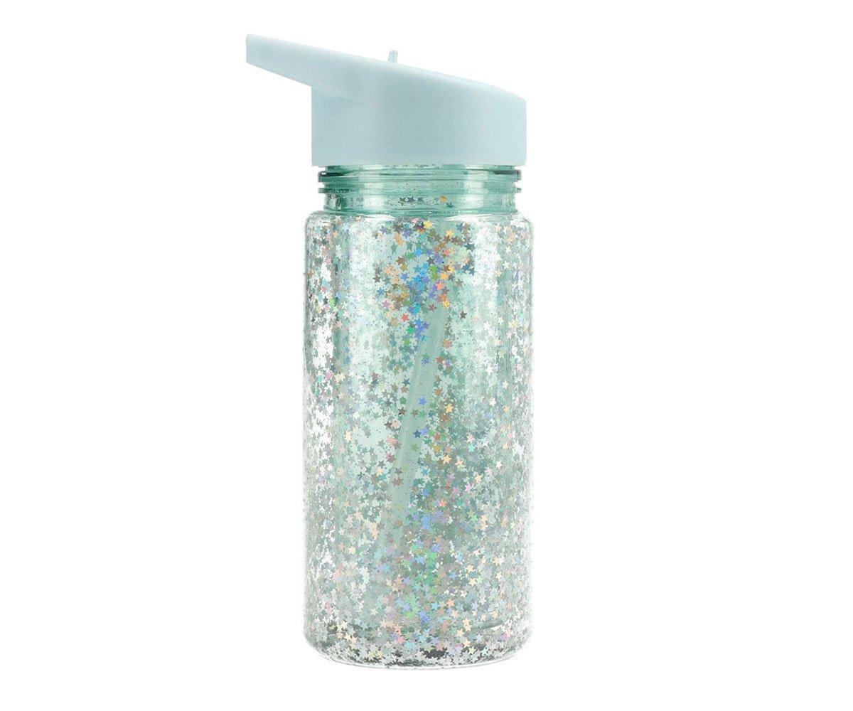Gourde en Plastique avec Paille Glitter Stars Turquoise Personnalisable