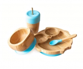 Set Stoviglie Ventosa Eco Bamb Gufo Azzurro