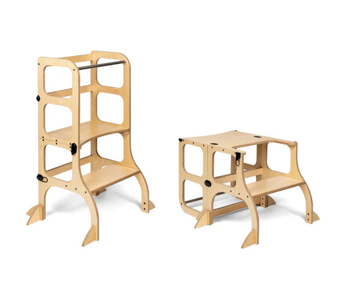 Torre de aprendizagem Montessori com suportes adicionais, mesa e cadeira de madeira 