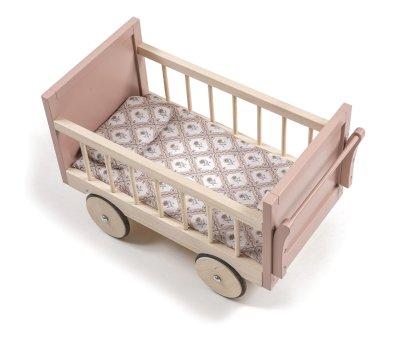 Cama Ambroise com colcho e Rodas Madeira Rosa Velho Bonecas