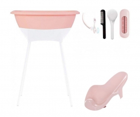 Conjunto de banheira Luma com assento rosa e suporte branco 