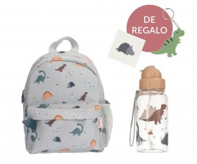 Pack Kids Backpack + Plastic Bottle Dinos World with Keychain and Gift Tattoo