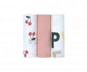 Pack 3 Muslin Cloths Happy Fruits Cherry 80 cm